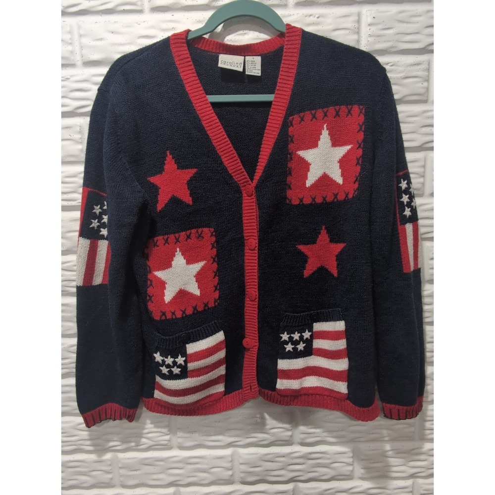 VTG S Patriotic Cardigan Sweater Flag Stars Americana Grannycore Carolina Colors